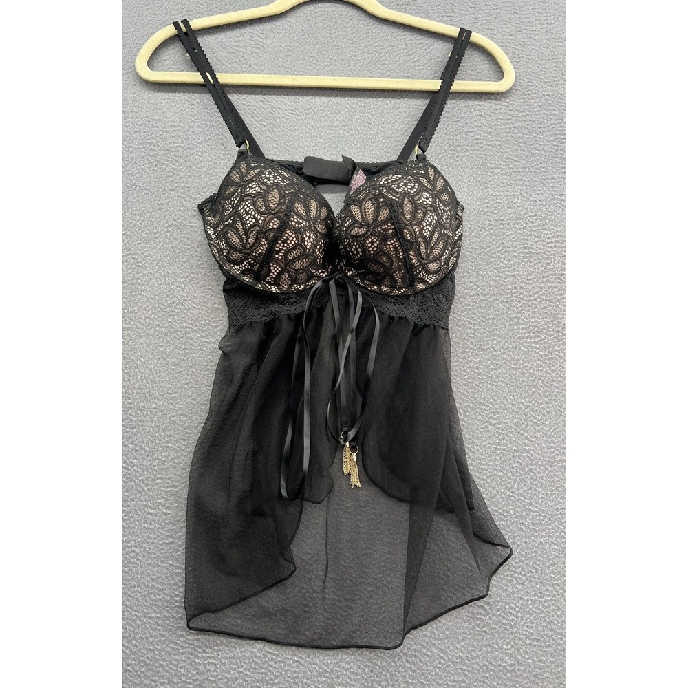 Victoria's Secret Babydoll Chemise Lingerie Women's 36C Black Lace Mesh Tassel